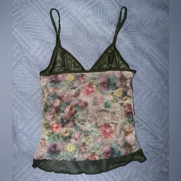 Y2k Floral Sheer V-Neck Cami Tank Top - Green Trim - Picture 5 of 6